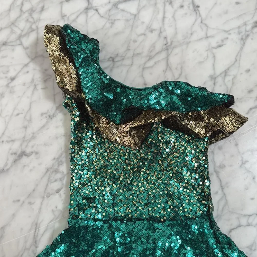 HEART AND SOUL Revolution Dance Costume Size XSC Green Sequin Flounce Skirt